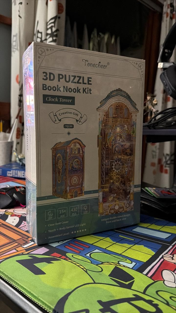 Tonecheer DIY Book Nook Kit for Adults, 3D Wooden Puzzle Bookend Miniature House Kit, Booknook Bookshelf Insert Decor with Dust Cover and LED Lights Gifts (Clock Tower) customer photo 1