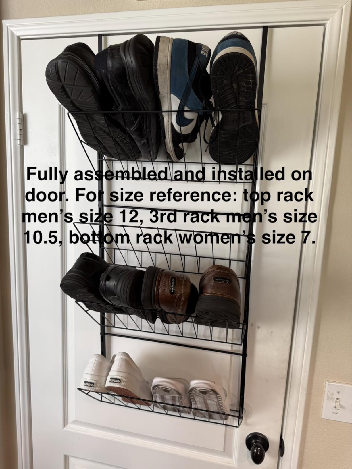 SWTYMIKI Over the Door Shoe Organizer - Adjustable 4 Tier Hanging Shoe Rack Organizer, Metal Heavy Duty Behind Door Storage or Wall Mount Shoes Shelf for Flats, Heels, Sneakers, Boots Black customer photo 2