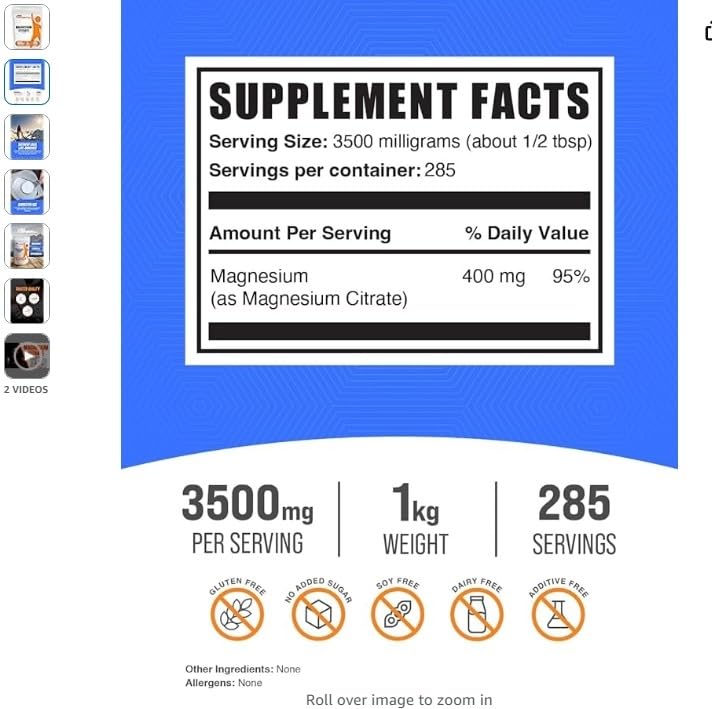 BulkSupplements.com Magnesium Citrate Powder - Magnesium Supplement, Mineral Supplement - Pure & Gluten Free, 3.5g per Serving, 500g (1.1 lbs) (Pack of 1) customer photo 2