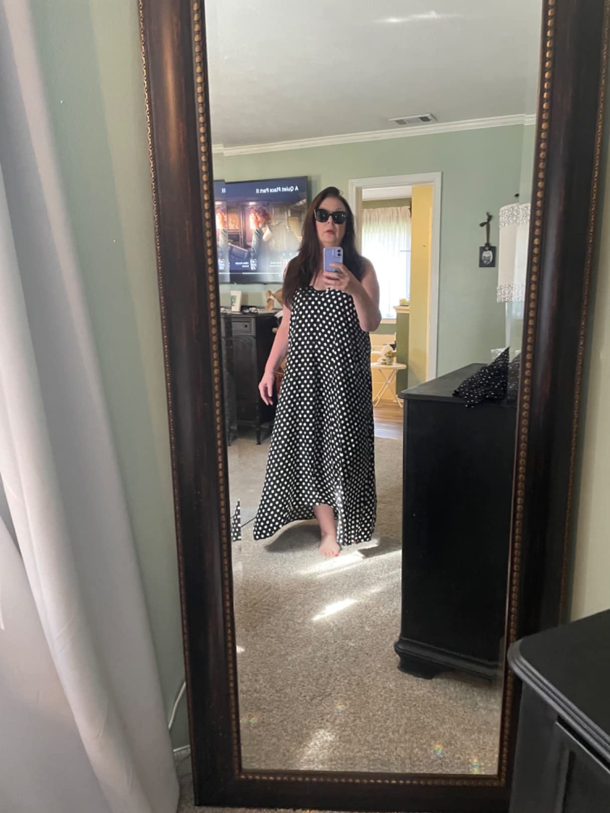 LILBETTER Women V-Neck Polka Dot Print Spaghetti Strap Boho Long Maxi Dresses customer photo 1