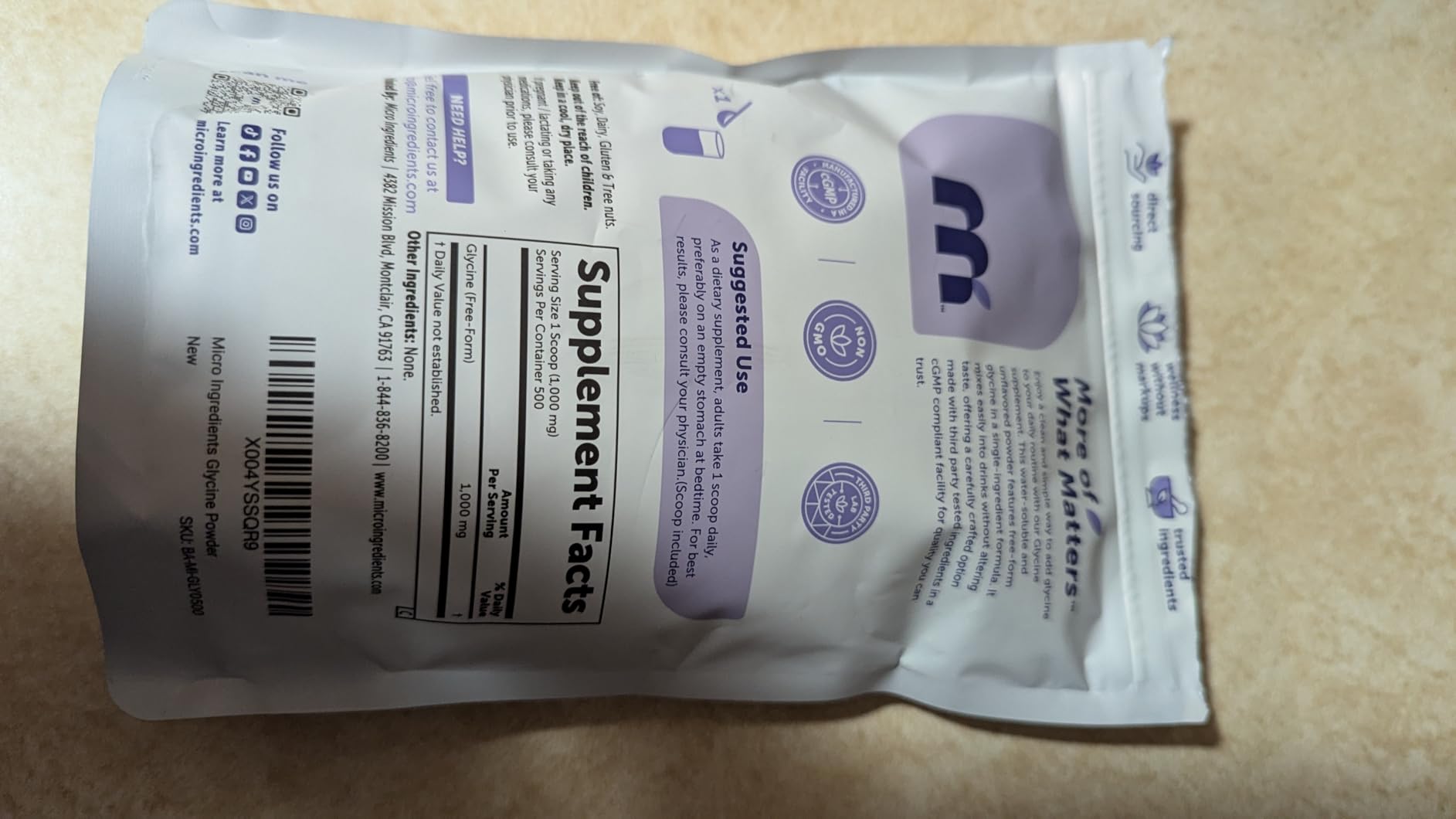 Micro Ingredients Glycine Powder, 1KG (2.2 Pounds), Glycine 1000mg Per Serving, Water Soluble and Product of USA customer photo 1