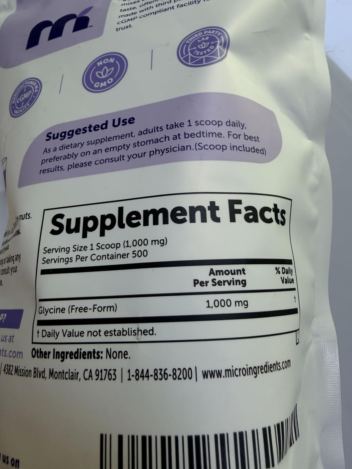 Micro Ingredients Glycine Powder, 1KG (2.2 Pounds), Glycine 1000mg Per Serving, Water Soluble and Product of USA customer photo 2
