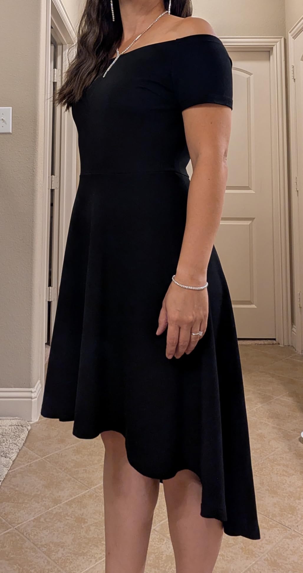 Sarin Mathews Womens Off The Shoulder Short Sleeve High Low Cocktail Skater Dress customer photo 2