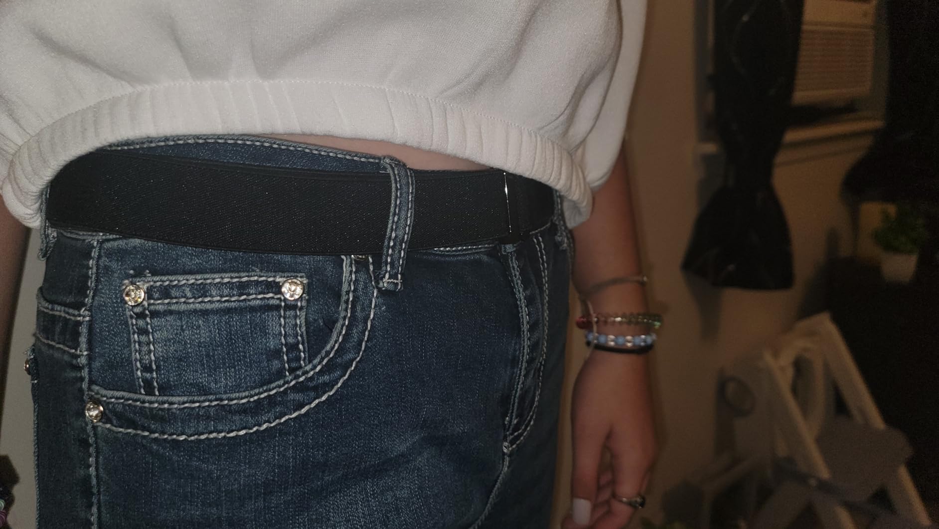JASGOOD Women No Show Stretch Belt Elastic Web Strap Belt with Flat Buckle for Jeans Pants Dresses customer photo 2