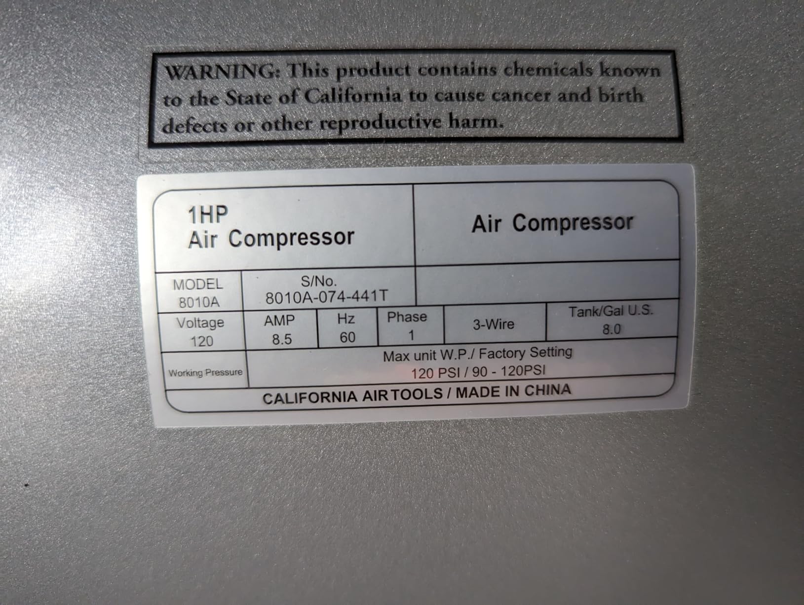 California Air Tools 8010A 1.0 HP Ultra Quiet and Oil-Free Air Compressor, 8 Gallon Aluminum Tank, Lightweight with Wheels, 60 dBA Noise Level customer photo 2
