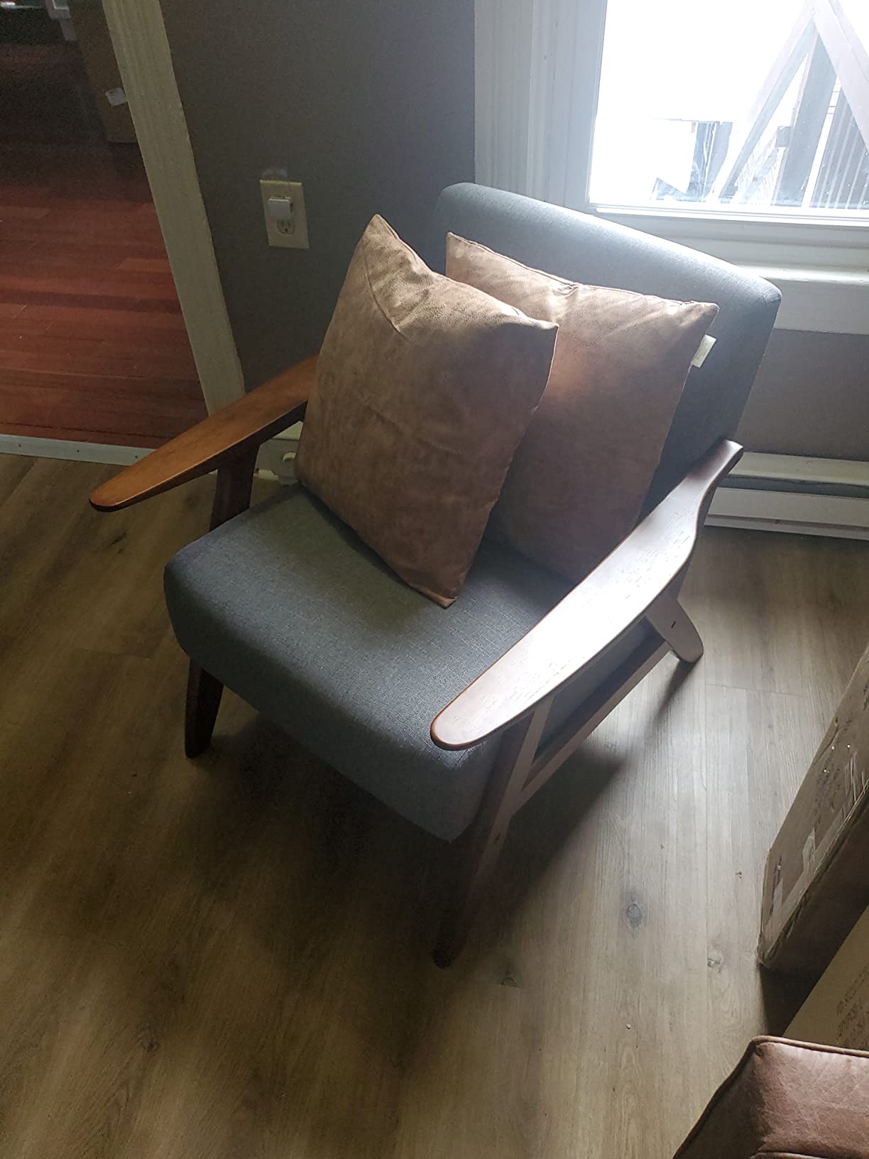 Lexicon Mid Century Modern Accent Chair with Solid Wood Frame in Walnut Finish, Upholstered Living Room Lounge Arm Chair, Thick and Comfy Innerspring Seat Cushion, Linen-Look Fabric, Blue customer photo 1