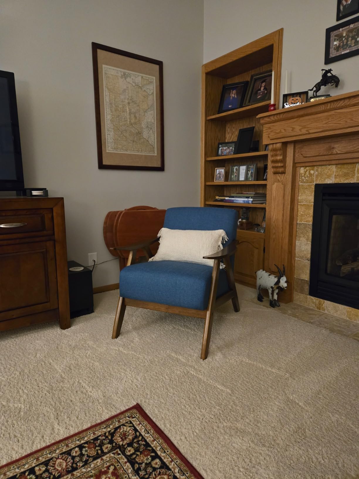 Lexicon Mid Century Modern Accent Chair with Solid Wood Frame in Walnut Finish, Upholstered Living Room Lounge Arm Chair, Thick and Comfy Innerspring Seat Cushion, Linen-Look Fabric, Blue customer photo 2