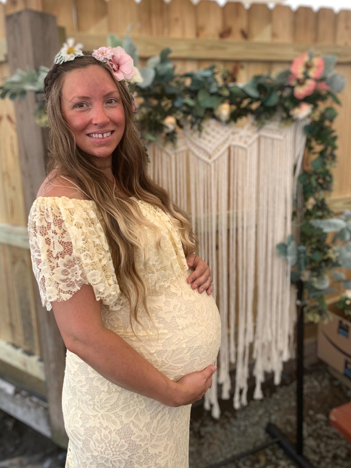 ZIUMUDY Women's Off Shoulder Ruffles Lace Maternity Gown Maxi Photography Baby Shower Dress customer photo 2