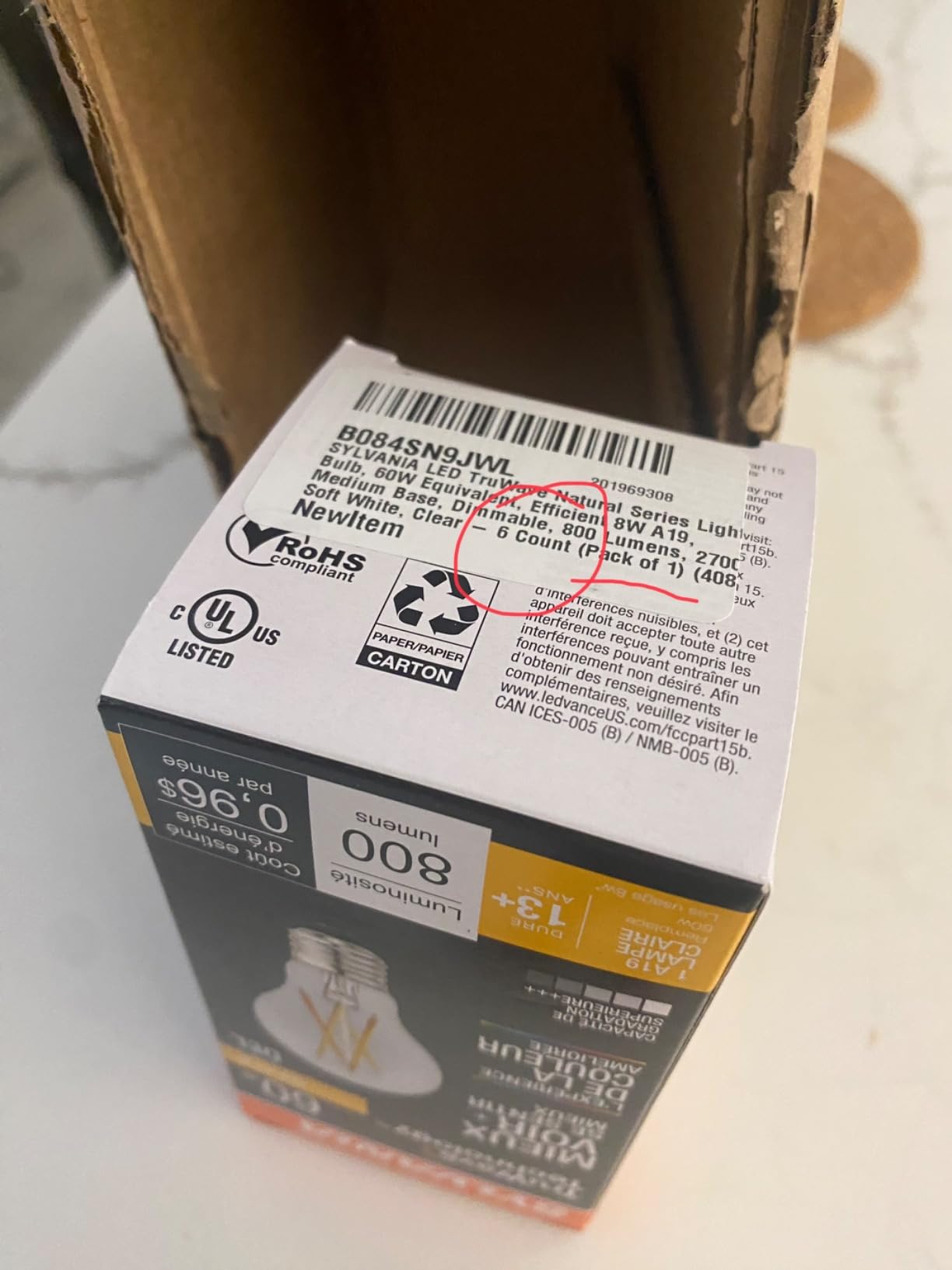 Sylvania Led Truwave Natural Series Light Bulb, 60W Equivalent, Efficient 8W A19, Medium Base, Dimmable, 800 Lumens, 2700K, Soft White, Clear - 6 Pack (40806) customer photo 1
