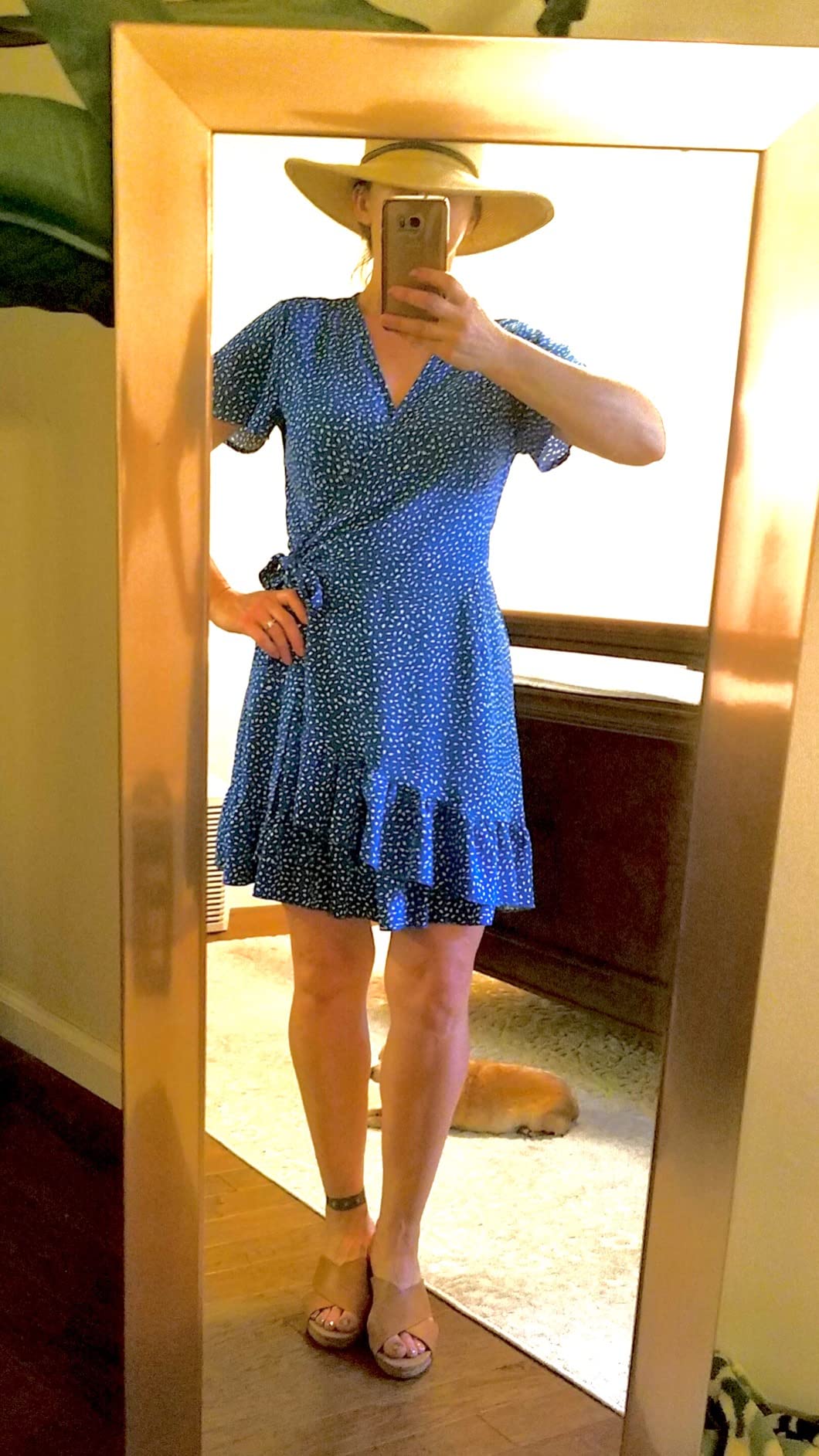 Naggoo Women's Summer Wrap Dresses V Neck Polka Dot Print Ruffle Short Sleeve Mini Floral Boho Dress with Belt customer photo 1