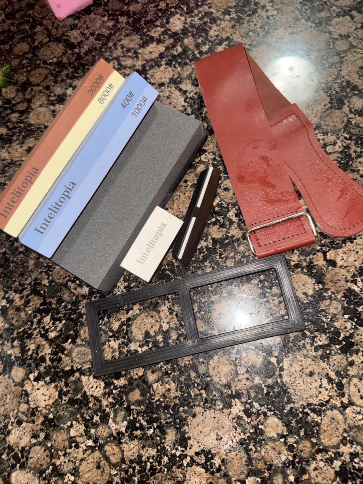 Intelitopia Complete Knife Sharpening Stone Set – Dual Grit Whetstone 400/1000 3000/8000 Knife Sharpener with Leather Strop, Flattening Stone, Bamboo Base, 3 Non-slip Rubber Bases & Angle Guide customer photo 1