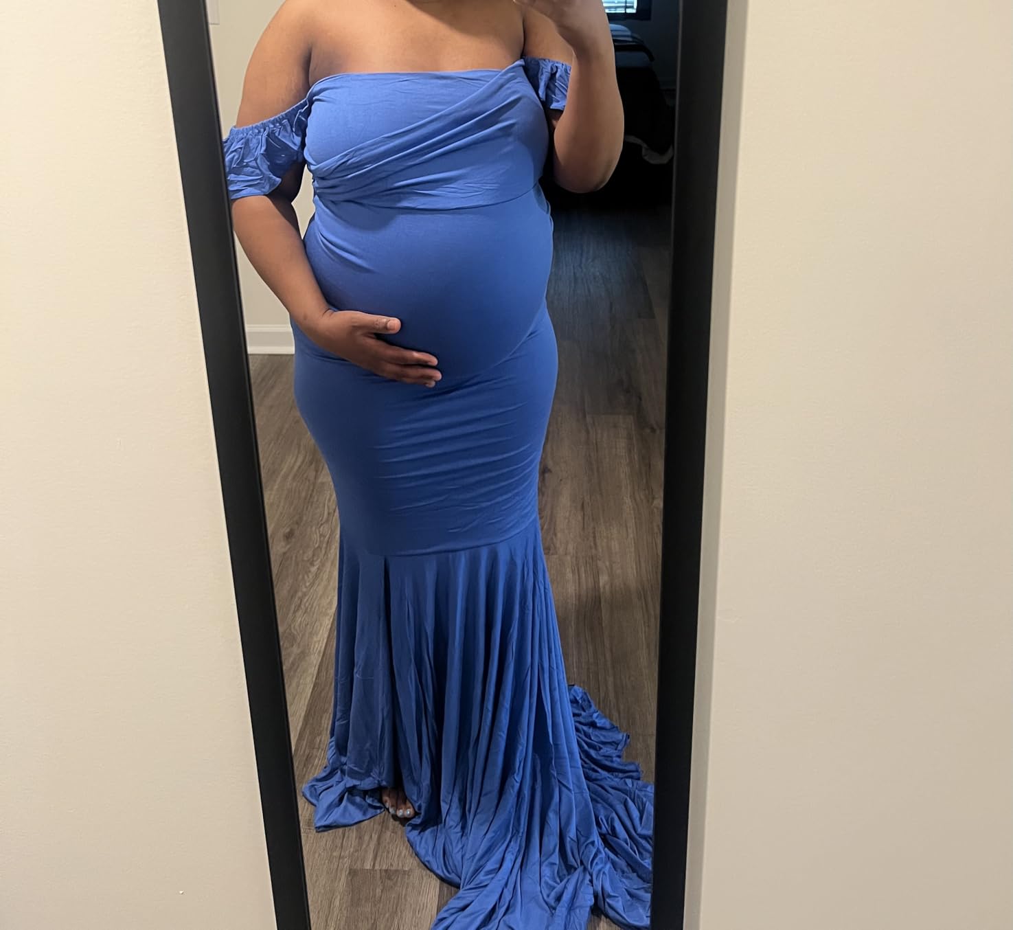Saslax Off Shoulder Ruffle Sleeves Elegant Fitted Maxi Maternity Dress for Photoshoot Baby Shower customer photo 2