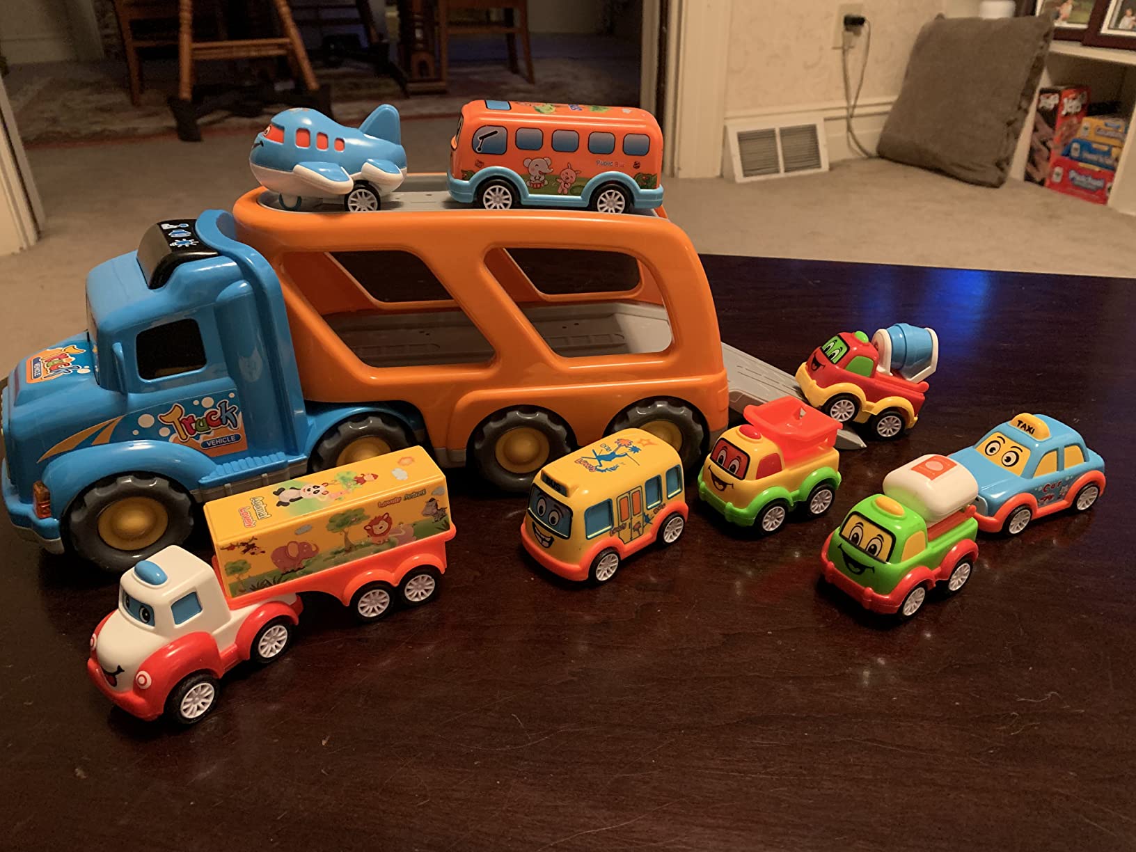 9 Pack Cars Toys for 2 3 4 5 Years Old Toddlers Boys and Girls Gift, Big Transport Truck with 8 Small Cute Pull Back Trucks, Colorful Assorted Vehicles Playset, Carrier Truck with Sound and Light customer photo 2
