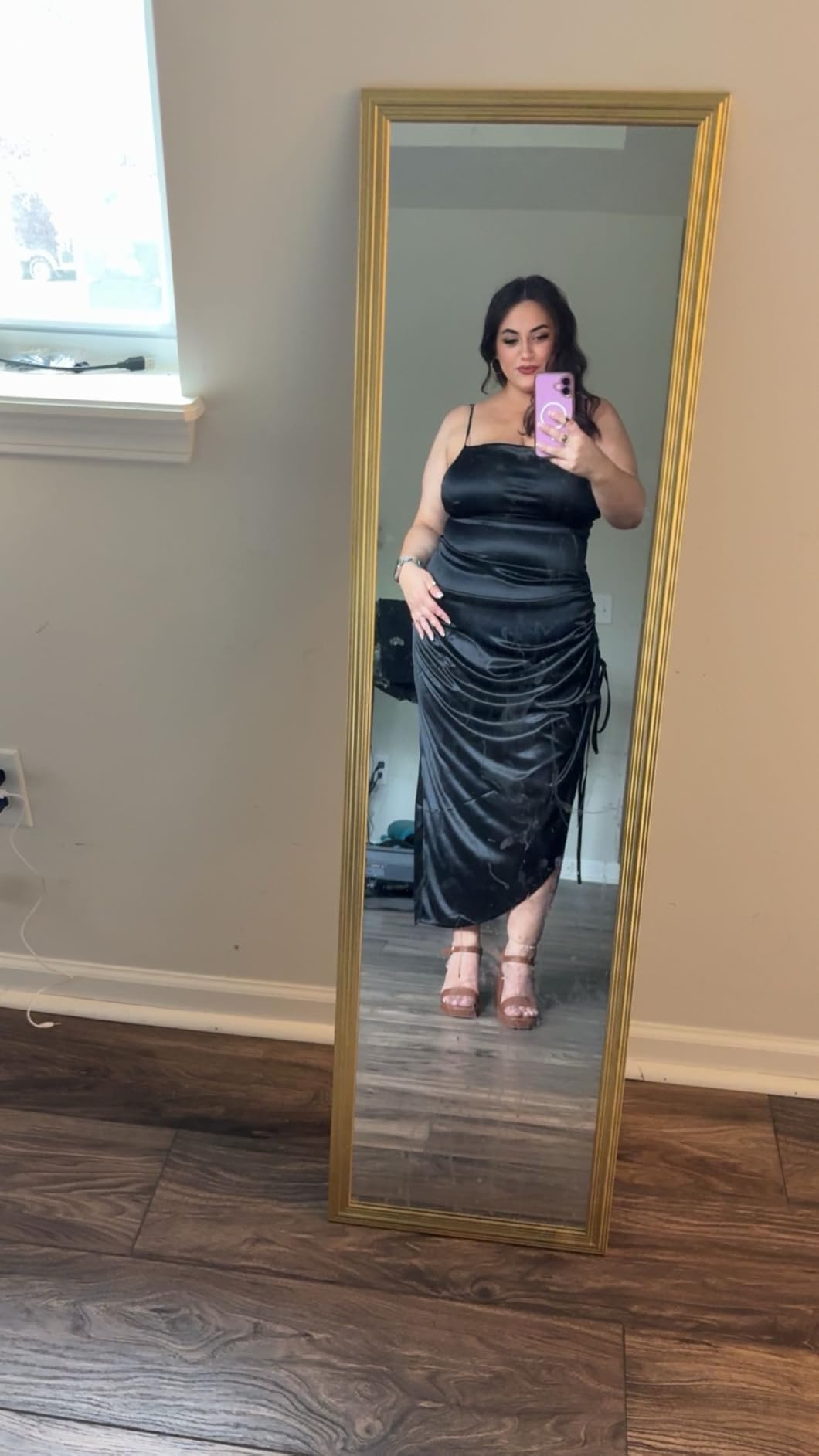 Women's Spaghetti Strap Satin Dress Sexy Backless Drawstring Ruched Split Hem Cocktail Evening Party customer photo 1