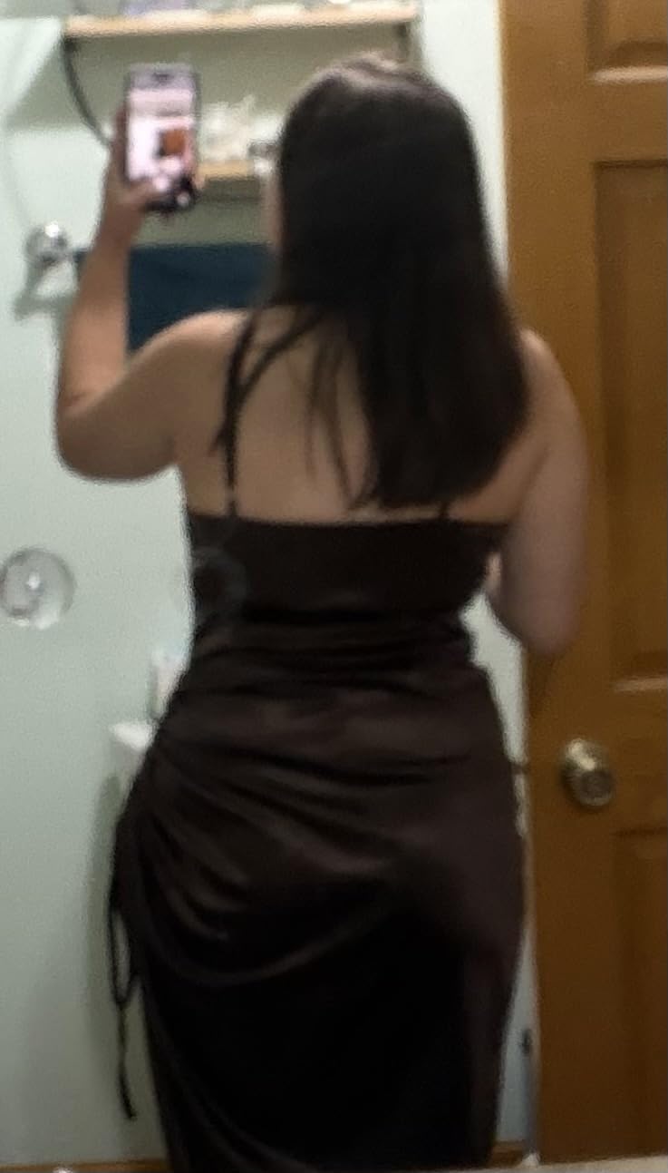 Women's Spaghetti Strap Satin Dress Sexy Backless Drawstring Ruched Split Hem Cocktail Evening Party customer photo 2