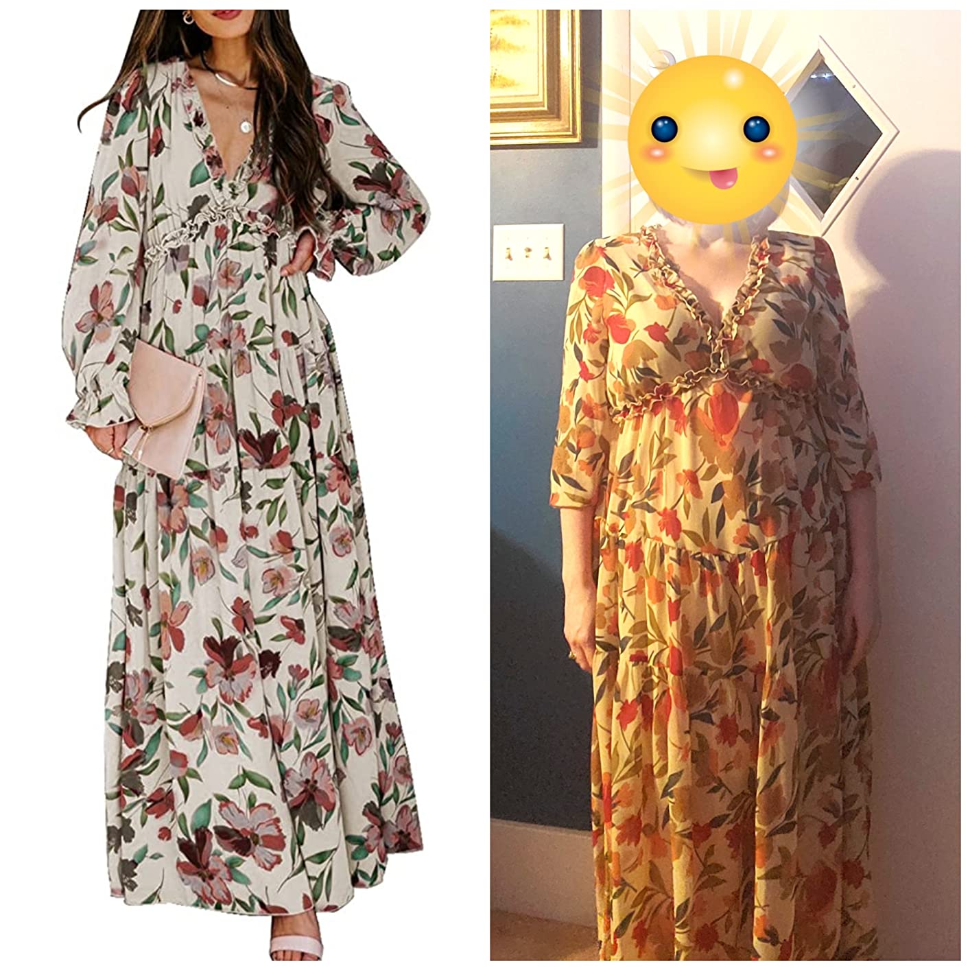 BLENCOT Womens Casual Boho Floral Deep V Neck Long Sleeve Maxi Dress customer photo 1