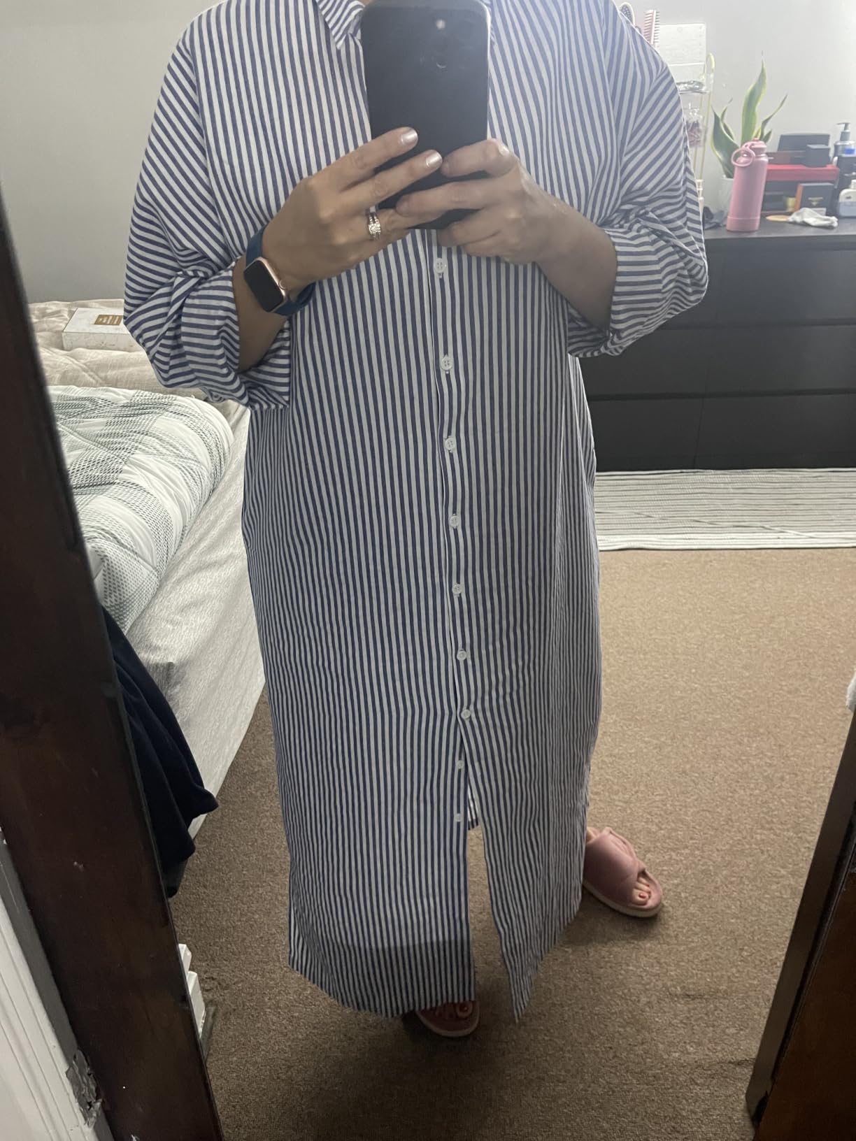 chouyatou Women's Casual Long Sleeve Button Down Loose Striped Cotton Maxi Shirt Dress customer photo 2