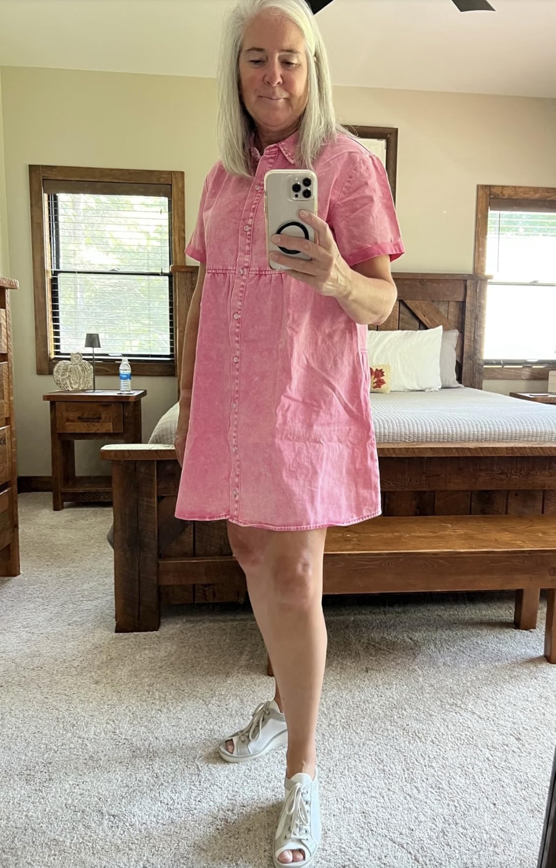 GRAPENT Denim Dress for Women Babydoll Tiered Short Sleeve Button Down Jean Shirt Dresses customer photo 1