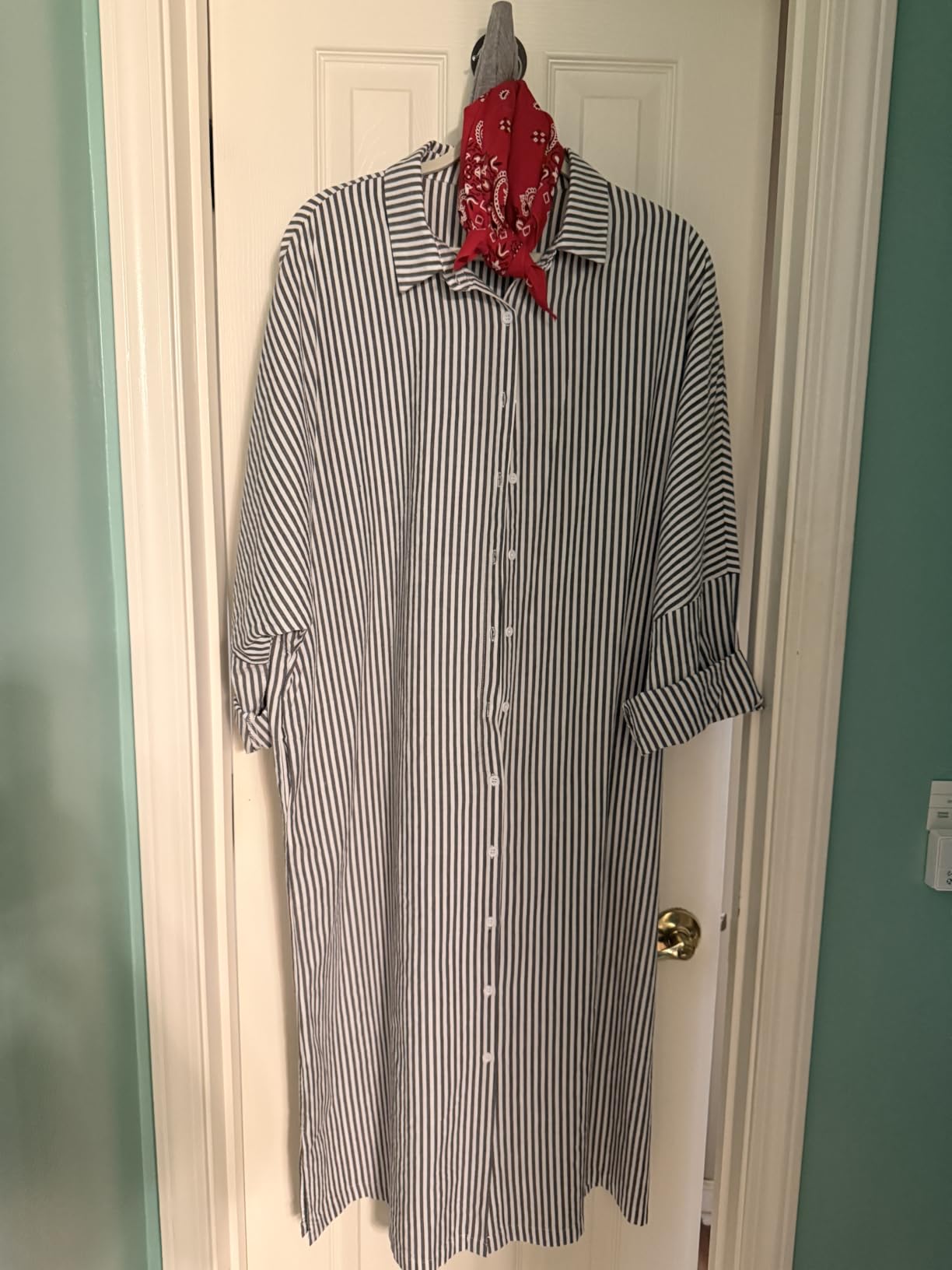 chouyatou Women's Casual Long Sleeve Button Down Loose Striped Cotton Maxi Shirt Dress customer photo 2