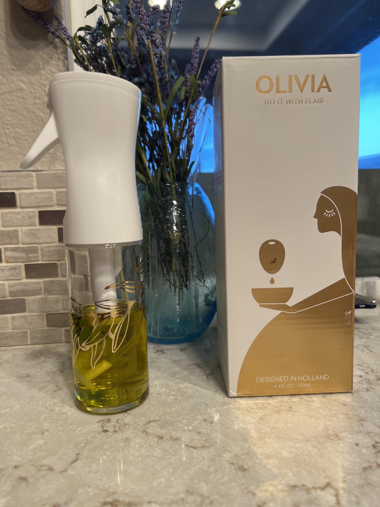 FLAIROSOL OLIVIA. The Original Advanced Oil Sprayer for Cooking, Salads, BBQs and More, Continuous Spray with Portion Control, Trusted by Chefs. Patented Technology. (Glass Bottle) (Golden Leaves) customer photo 1