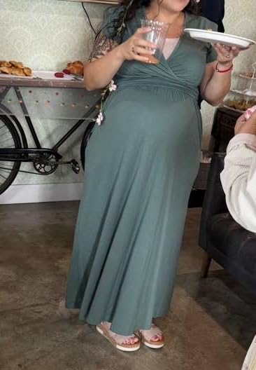 OUGES Women's Wrap V Neck Summer Maternity Photoshoot Dress with Pockets customer photo 2