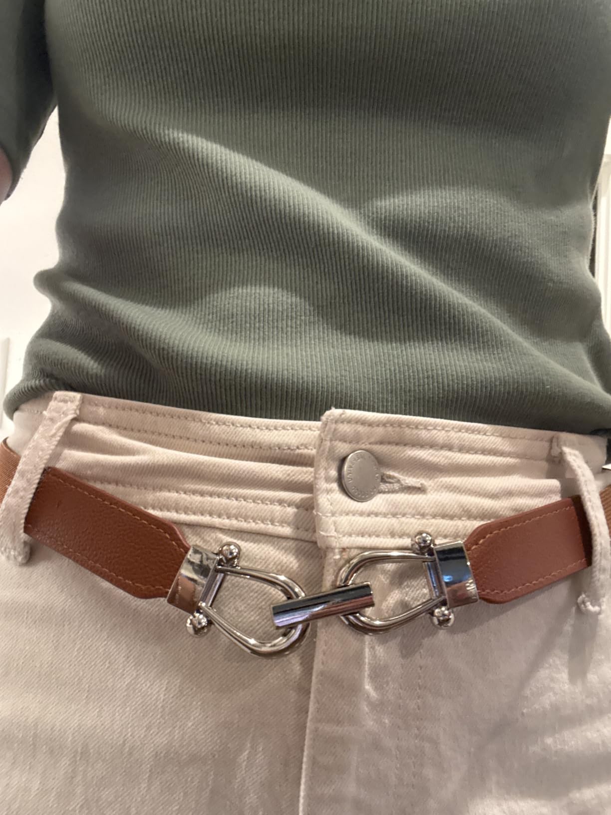 JASGOOD Women Stretchy Waist Belt Retro Elastic Skinny Belt for Ladies with Gold Buckle customer photo 2