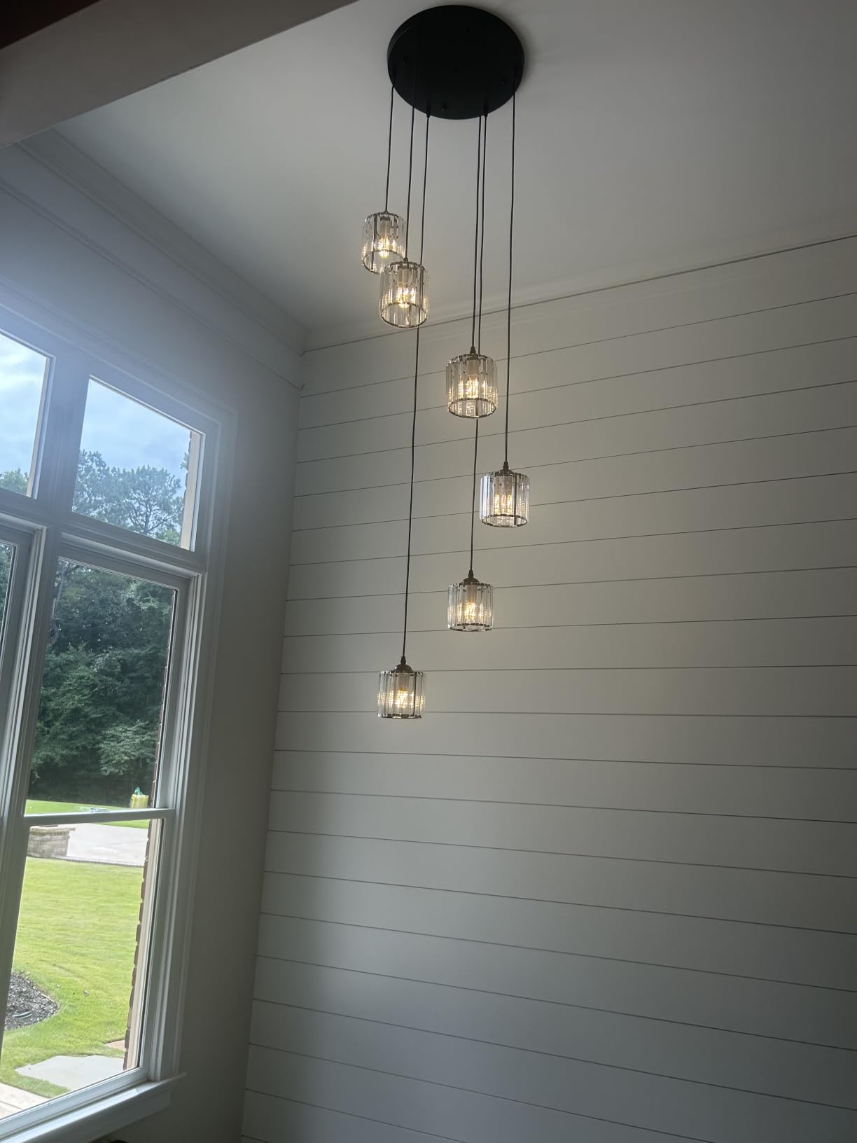 Long Chandeliers for High Ceilings,Modern Crystal Pendant Light,Raindrop Drop Lamp,Hanging Flush Mount Lighting Fixtures for Spiral Staircase,Foyer,Entryway,Living Room,Black (8 Lights) customer photo 1