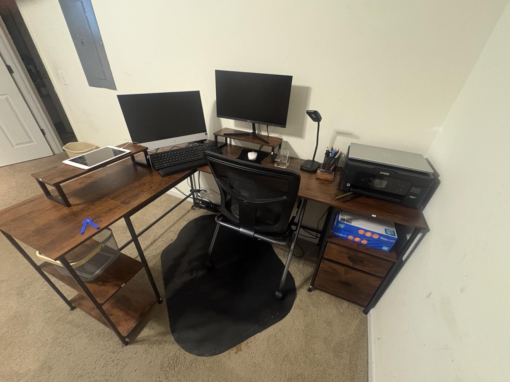 Furologee 66'' L Shaped Desk with Power Outlet and 2 Drawers, Rustic Brown customer photo 1