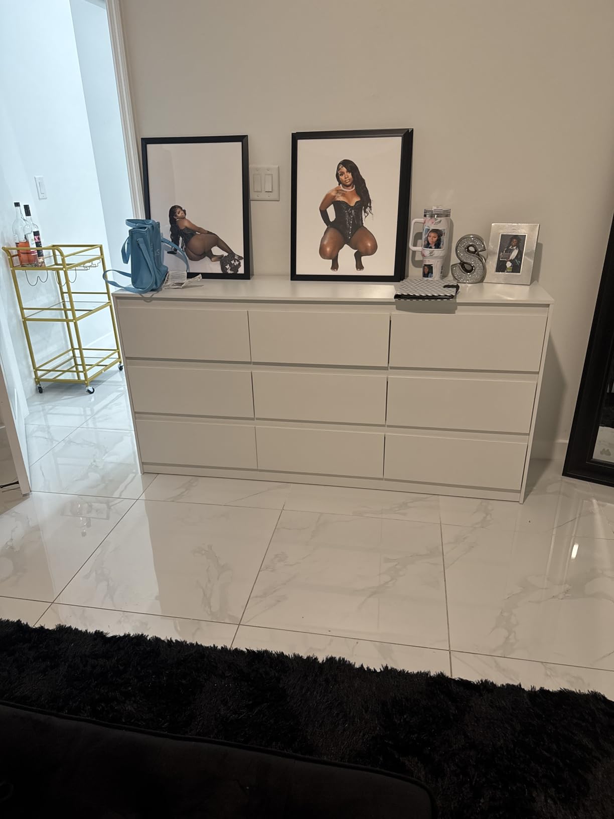 9 Drawer Dresser for Bedroom with Deep Drawers, Large Floor Wood Dressers & Chest of Drawers Handle Free, Modern White Long Dressers for Closet Living Room, Euro Slide (63