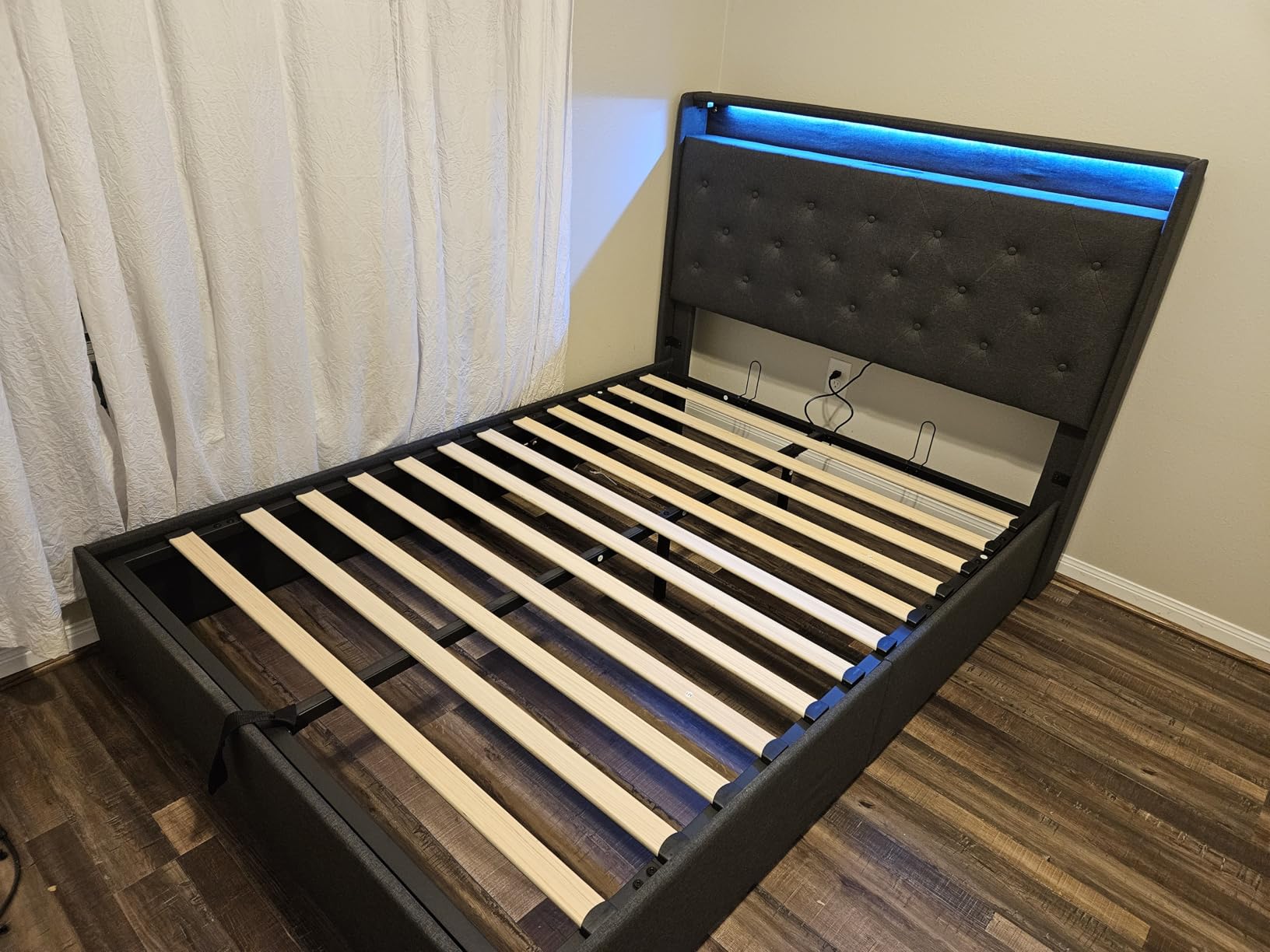 Queen Lift Up Storage Bed Frame w/Charging Station & LED Lights, Dark Grey customer photo 1