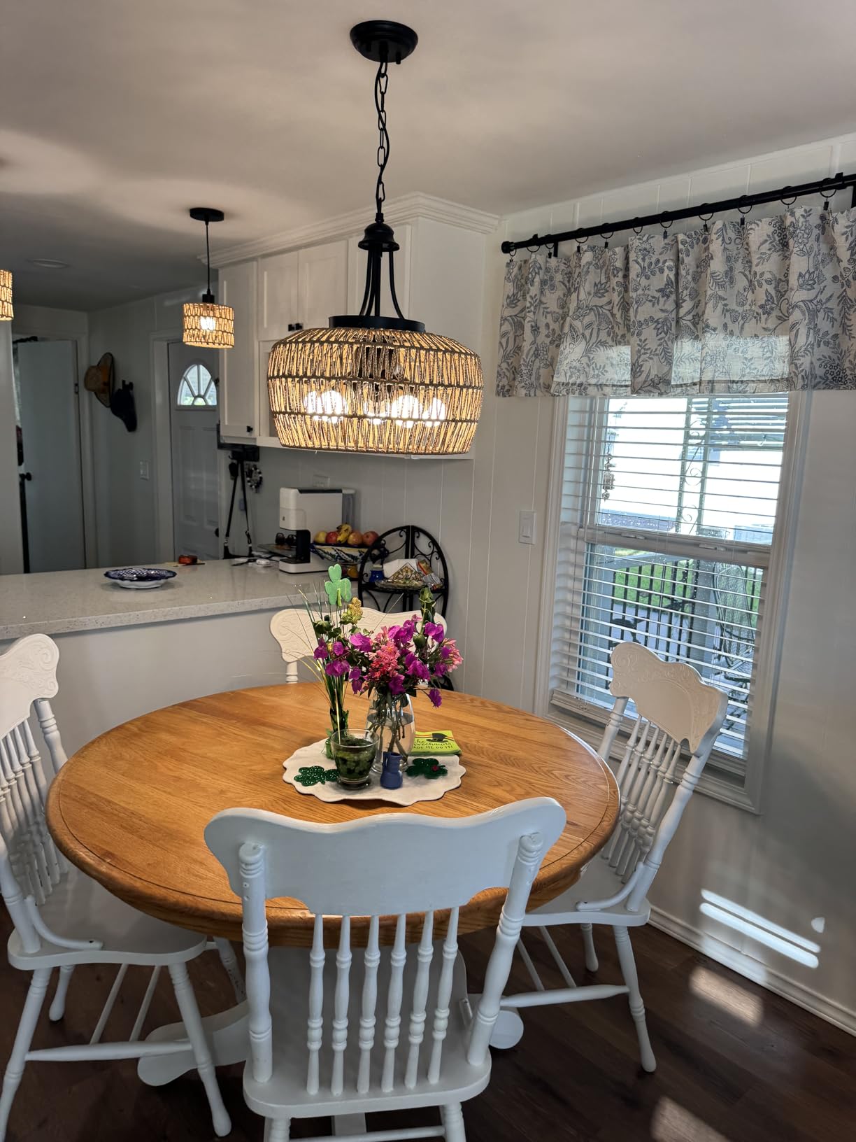 HMVPL Farmhouse Chandelier for Dining Room, 3-Light Boho Rattan Chandelier Light Fixture Ceiling Hanging with Woven Lampshade, Small Wicker Coastal Pendant Light for Kitchen Bedroom Island Hallway customer photo 2