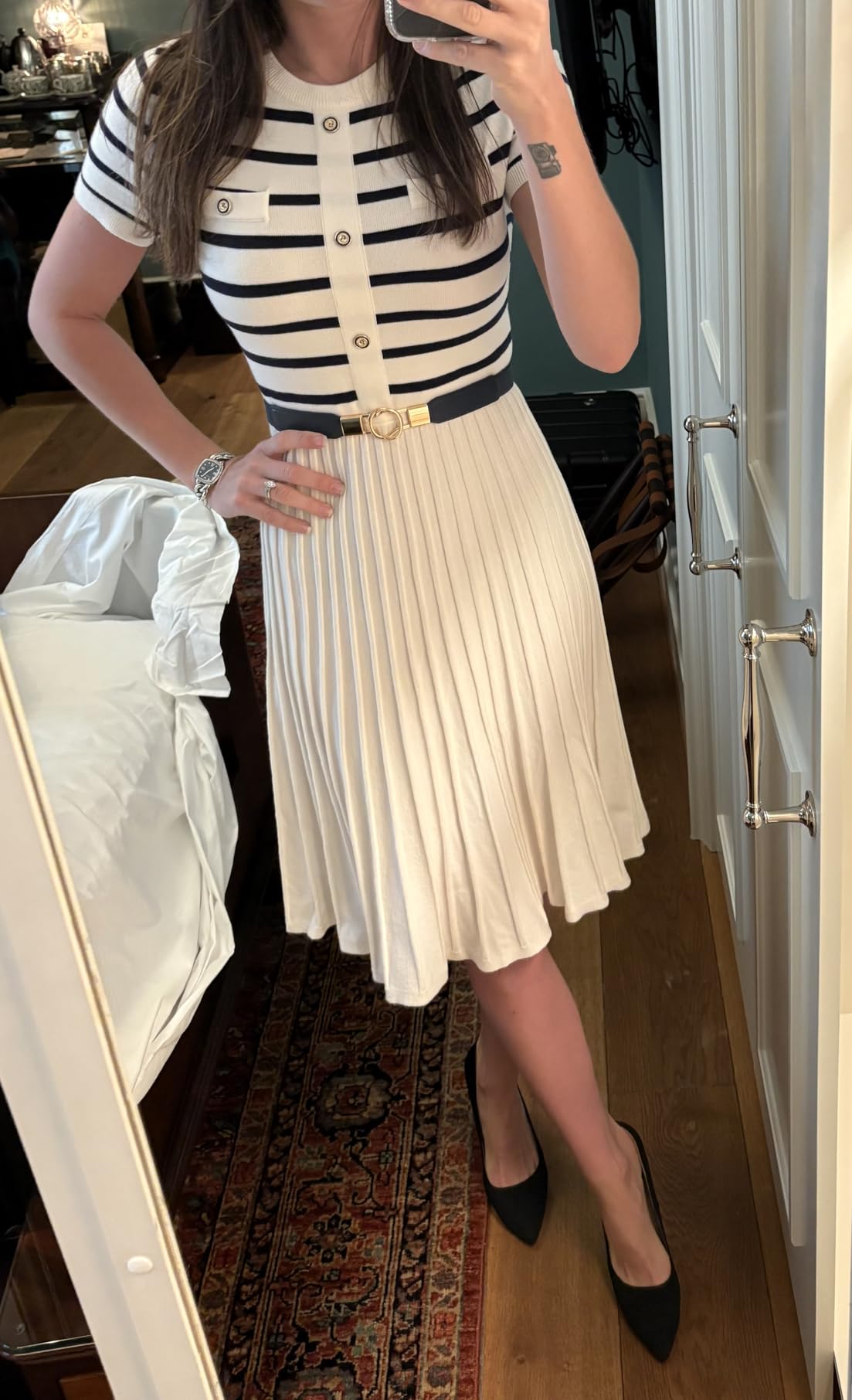 ZESICA Women Striped Crewneck Short Sleeve Elegant Midi Dress customer photo 1