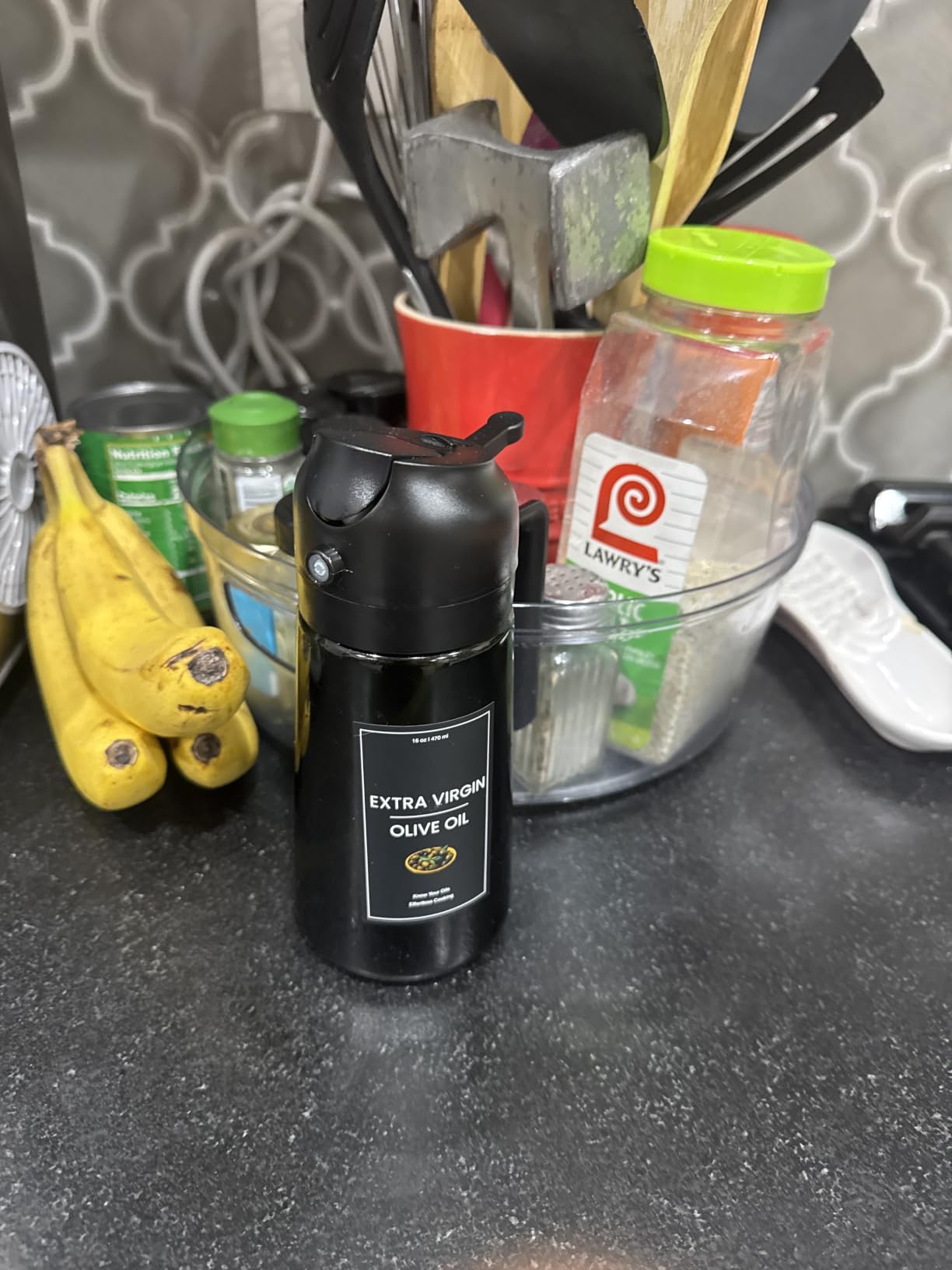 CXINYI - 16oz/470ml Olive Oil Dispenser for Kitchen with Stickers - 2 in 1 Olive Oil Sprayer for Cooking, Air Fryer, and Salad, Black&Green (Light-Proof Kitchen Gadget) customer photo 1
