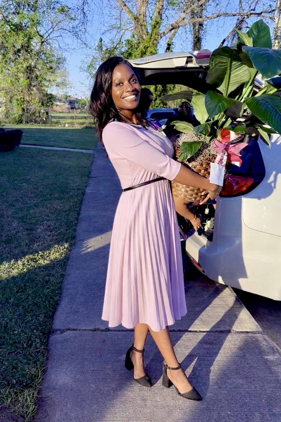 CLOCOR Pleated Midi Dress 3/4 Sleeve Empire Waist Church Dress with Pockets customer photo 2