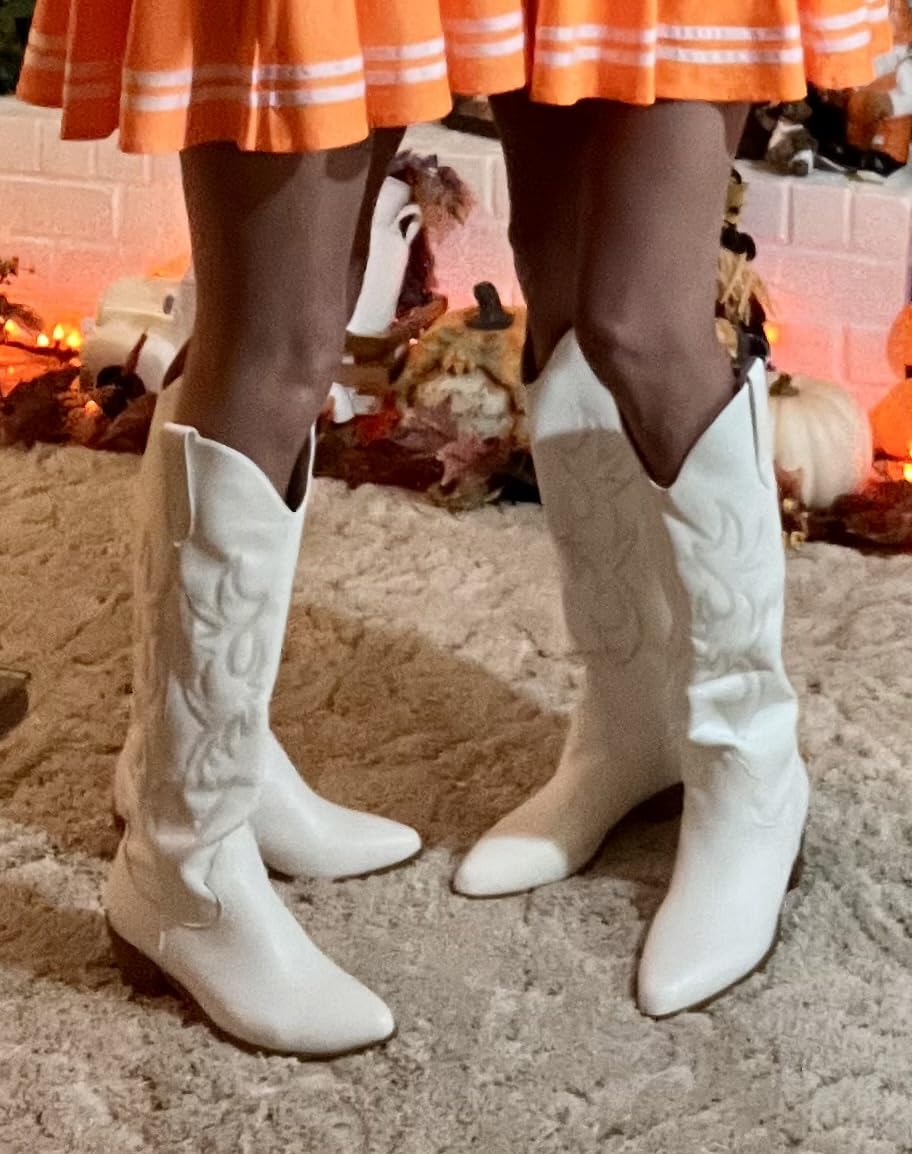 Ouepiano White Cowgirl Boots Women Cowboy Knee High Boots with Embroidered customer photo 2