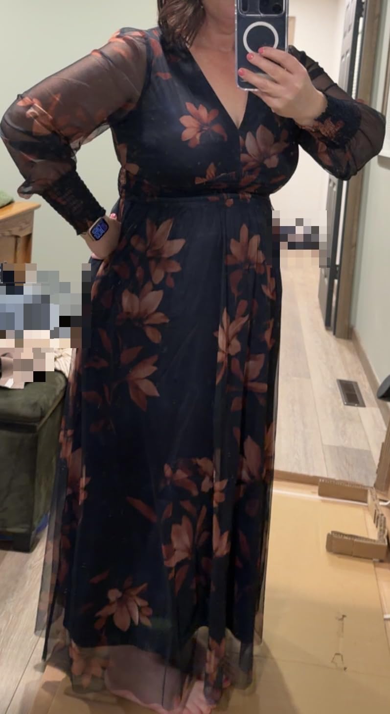 ANRABESS Women's Fall Wedding Guest Tulle Floral Long Sleeve Maxi Dress customer photo 1