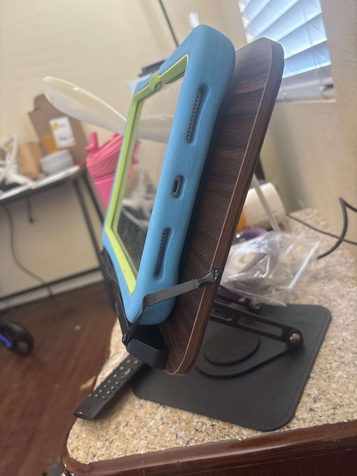 LOXP Book Stand for Reading, 360° Rotating Holder with Page Clip, Ergonomic | Adjustable height angle, Hands-free, anti-slip base, Fits tablets cookbooks magazines laptops, wood and metal, Black customer photo 1
